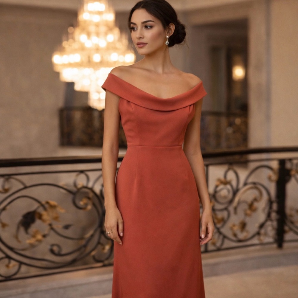 Elegant Off-Shoulder Rust Red Evening Dress